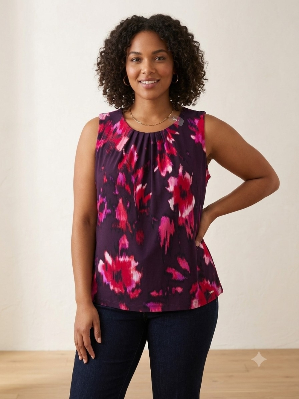 Calvin Klein Abstract Floral Pleated Sleeveless Top - Picture 2 of 11